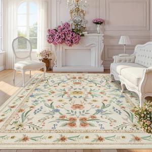 Beige Floral Area Rug 6x9,Neutral Washable Girls Bedroom Rug for Nursery, Playroom or Kids Room,Soft Non-Slip Carpet for Baby Room and Modern Home Decor
