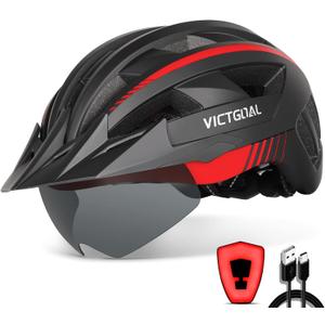VICTGOAL Bike Helmet with USB Rechargeable Rear Light Detachable Magnetic Goggles Removable Sun Visor Mountain & Road Bicycle Helmets for Men Women Adult Cycling Helmets (XL: 59-63 cm, Black Red)