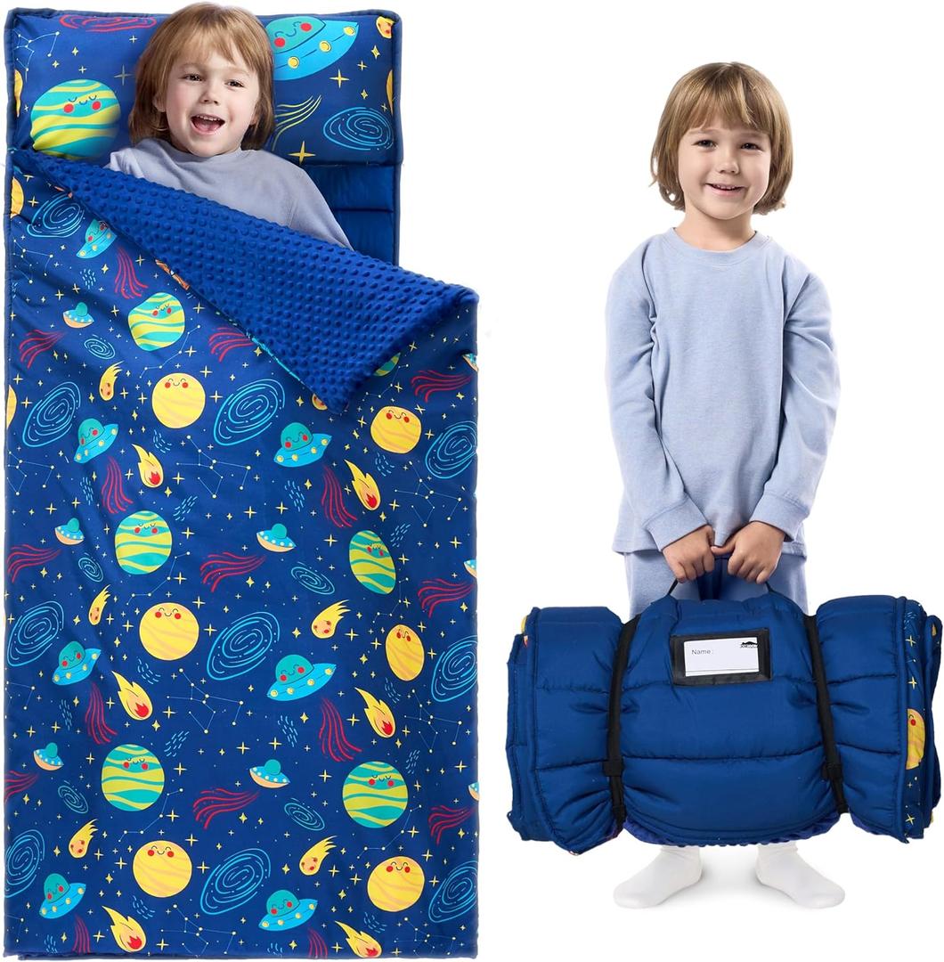 JOIEDOMI Toddler Nap Mat for Preschool 55''x30'' Sleeping Mat with Removable Pillow and Minky Blanket for Kids Ages 3-7 Roll Up Soft Kids Sleeping Bag for Boys Girls Kindergarten Daycare Sleepover (Deep Blue Universe)