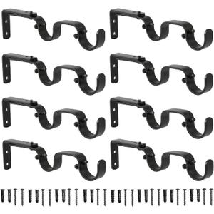 Heavy Duty Curtain Rod Brackets - Adjustable Double Rod Holders, 1 Inch (8 PCS, Black)