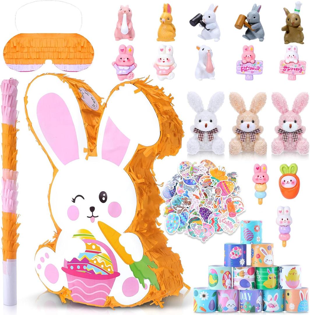 Hollowfly 139 Pcs Large Easter Bunny Pinata Set for Birthday Party Pinata Egg Easter Decoration Party Fiesta Games Supplies Props with Blindfold Toy and Baton Animal Favors Gifts