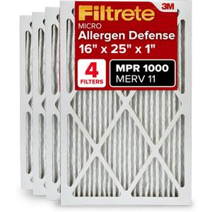 Filtrete 16x25x1 AC Furnace Air Filter, MERV 11, MPR 1000, Micro Allergen Defense, 3-Month Pleated 1-Inch Electrostatic Air Cleaning Filter, 4 Pack (Actual Size 15.69 x 24.69 x 0.81 in) (16 x 25 x 1)