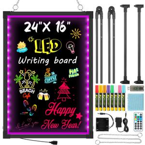 LED Message Writing Board, 24" x 16" Illuminated Erasable Neon Effect Menu Sign Board, with 8 Fluorescent Chalk Markers and Remote Control Drawing Board