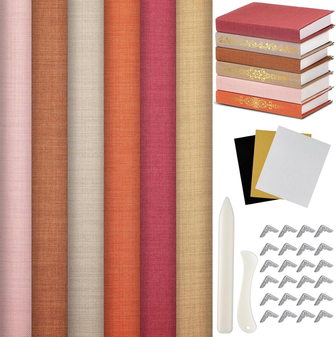 Book Binding Cloth Kit, Includes 12''x16'' Bookcover Cloth Fabric 24 Decorative Corners 3 Iron on Vinyl Sheets Bone Folder Tools, Backing Paper,for Old Book DIY Craft Supplies(Rust Color)