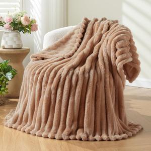 NEWCOSPLAY Super Soft Throw Blanket Taupe Premium Silky Flannel Fleece 3D Ribbed Jacquard Lightweight Bed Blanket All Season Use (Taupe Ribbed, Throw(50"x60"))
