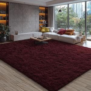 EVOIONOS 6x9 Washable Large Area Rug for Living Room, Fluffy Shag Rug Bedroom, Ultra Soft Plush Non Slip Carpet Indoor Floor Bedside Nursery Kids Girls Room Dorm, Home Decor Aesthetic, Midnight Red