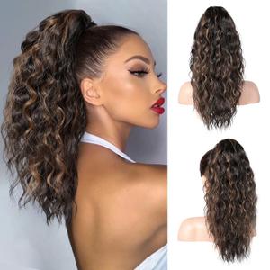 REECHO Ponytail Extension, 18 Inch Claw Clip Ponytail Extension Curly Wavy Pony Tails Hair Extensions Synthetic Hairpiece for Women Daily, Chocolate Brown with Highlights (18 Inch-160 Gram(Pack of 1))
