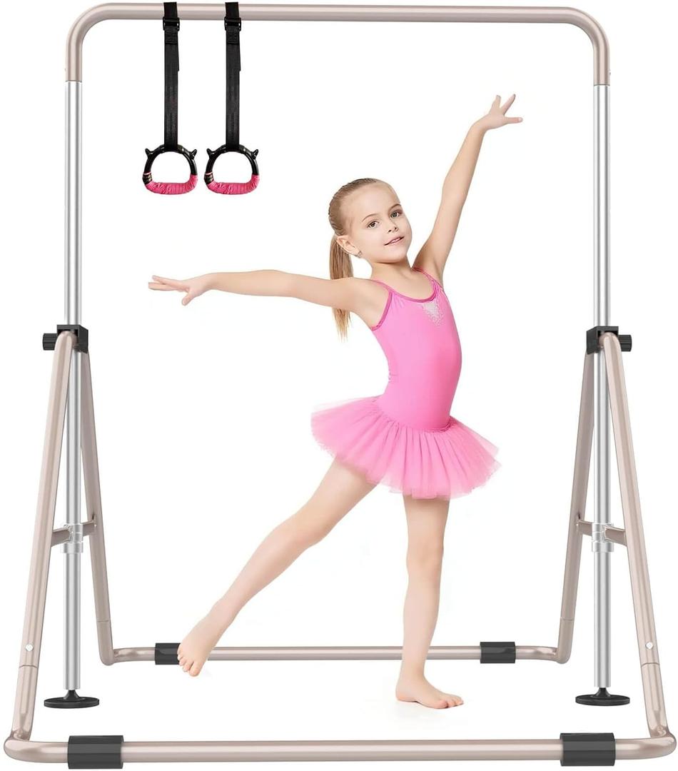 SHIWEI Gymnastics Bar for Kids, Gymnastic Kip Bar 5-Height Adjustable Home | Foldable, Indoor Outdoor Use, 140lb Capacity, for Ages 3-8, with Gymnastics Rings, Anti-Slip & Space-Saving Design