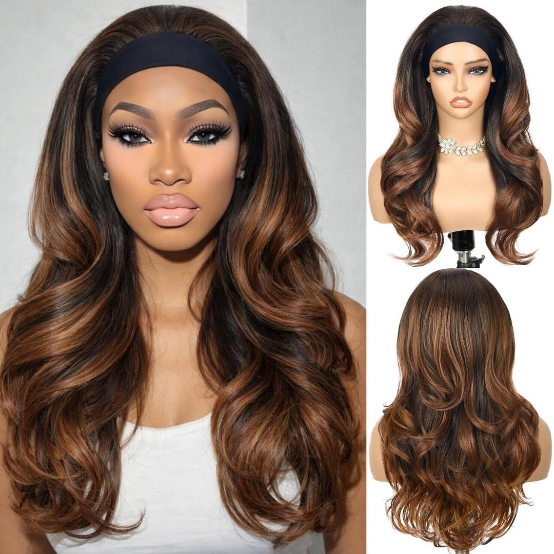 Quantum Love Curly Headband Wig Layered Headband Wigs for Black Women Ombre Brown TALOS Long Wavy Curly Synthetic Half Wig