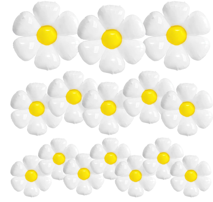 BTZO 16 Pcs Daisy Flower Balloons,White Flower Aluminum Foil Balloons for Birthday Baby Shower Wedding Anniversary Groovy Flower Theme Retro Hippie Party Decorations