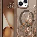 DOMAVER for iPhone 15 Pro Max Case, Magnetic Phone Case for iPhone 15 Pro Max [Compatible with MagSafe] Slim Fit Flowers Floral Design Shockproof Protective Bumper Women Men Girls Cover- Brown
