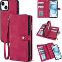 TwoHead Wallet Case Compatible with iPhone 15,Detachable Magnetic Phone Case,All-Round Protective Leather Phone Case with Card Holder,6.1 in,Wine Red