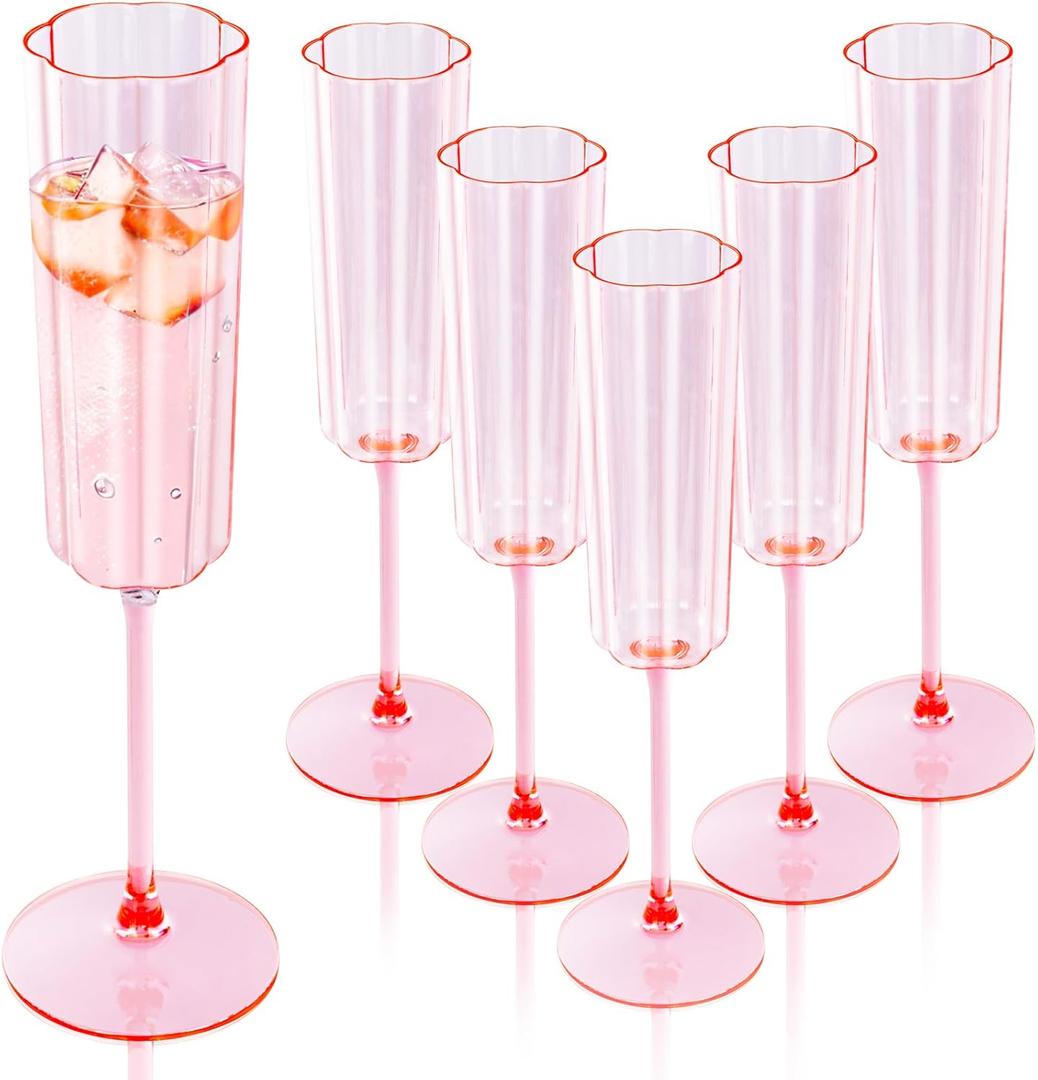 Ciaell 24 Pack Pink Plastic Champagne Flutes - 6 Oz Flower Wavy Champagne Glasses - Heavy Duty Vintage Disposable Glassware for Party & Anniversary & Wedding