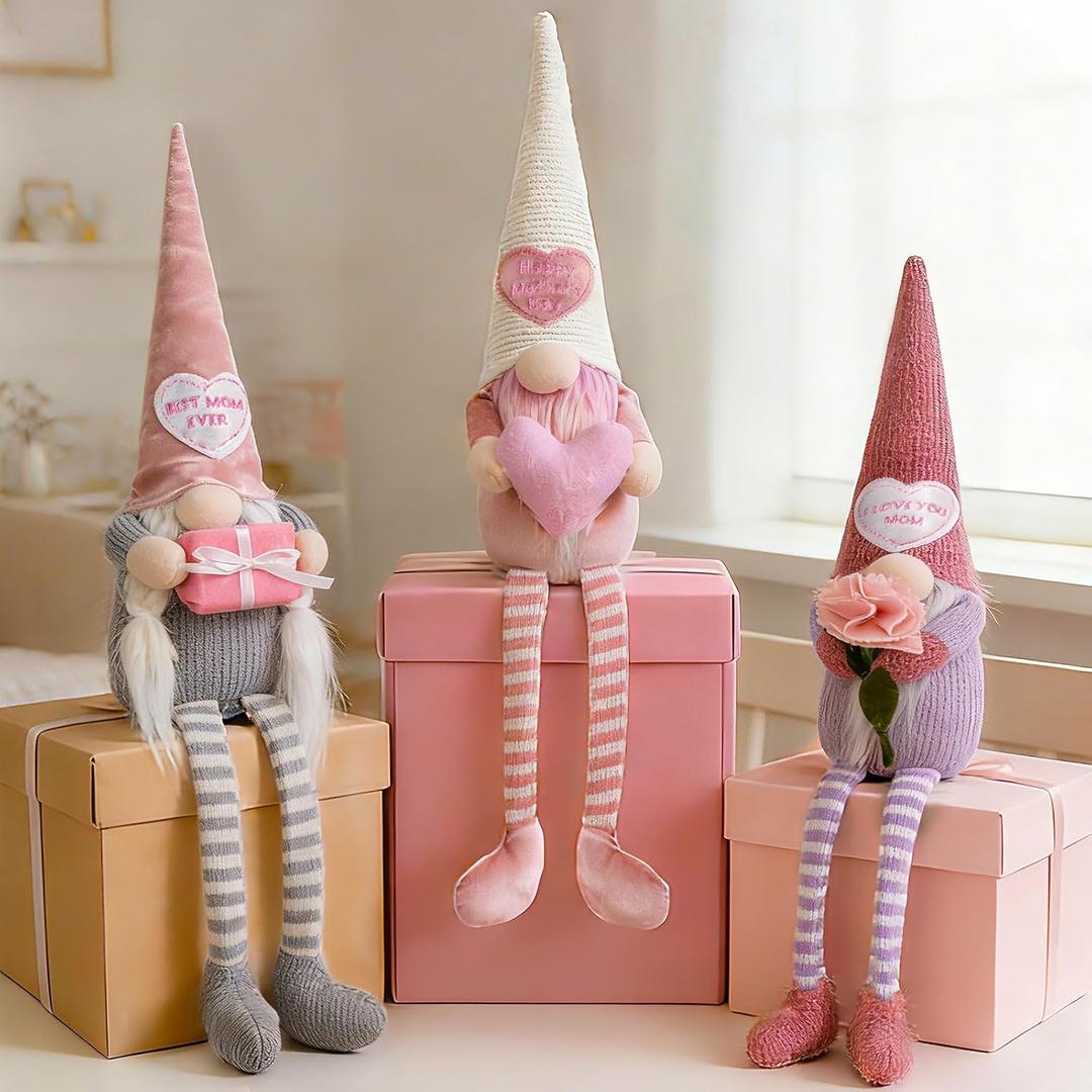 Unanscre Mothers Day Gnomes Plush Decorations - 3PCS Long Dangle Leg Spring Gnomes Best Ever Gifts for Women Mom Mama Mommy, Handmade Dolls for Mothers Day Home Table Ornament, Tiered Tray Decor