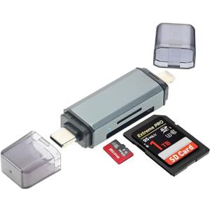 SD Card Reader for iPhone, iPad, USB C and Lightning Dual Slot SD Card Adapter, Memory Card Readers for Digital Camera Adapters, Support SD, Micro SD, Plug and Play