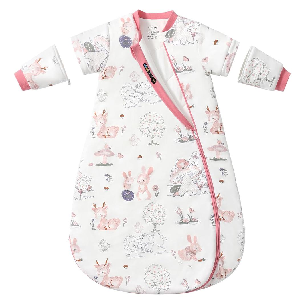 Baby Sleep Sack 612 Months, 2.5 TOG Warm Cotton Sleep Sack with Detachable Long Sleeves, Winter Wearable Blanket for Cold Nights, 2-Way Zipper Toddler Sleeping Sack, Bunny