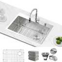 Kitchen Sink 27 x 22 inch Drop-In Top Mount 16 Gauge Tight Radius Single Bowl 2-Hole Stainless Steel Kitchen Sink and Accessories (Pack of 4)