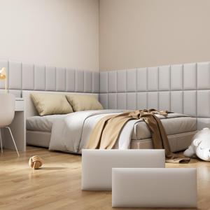 Peel and Stick Headboard Grey Upholstered Wall Panels, 6 Panels Sized 7.8" x 15.7", 3D Anti-Collision Soundproof Self-Adhesive Wall Panel for Bedroom (Gray)