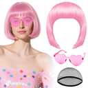 PLULON Pink Bob Wig with Heart Sunglasses and Hair Cap, Colorful Short Bob Wigs Synthetic Party Wigs Funny Cosplay Hairpieces for Women Men Neon Bachelorette Halloween Costume Party Decorations