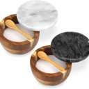 Salt Cellar Box with Lid & Spoon, Modern White Stone Salt or Pepper Sugar Spice Seasoning Bowl Container Jar Holder Well Keeper Dish Pig Crock for Kitchen (Marble Lid Set)