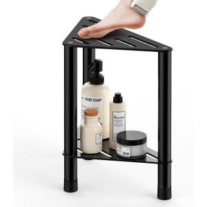 Corner Shower Stool for Inside Shower - 15.5in Shower Foot Rest with Storage Shelf, Stainless Steel Shower Stool for Shaving Legs, Bathroom Bench Suitable for Small Shower Spaces, Black