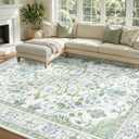 RELEANY Area Rugs 8'x10' Washable Non-Slip, Floral Vintage Distress Print Pattern Medallion Carpet for Living Room Bedroom Dining Room, Green White Blue