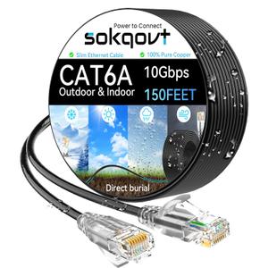 Cat6a Ethernet Cable Slim 150ft Outdoor & Indoor, 28AWG Pure Copper Cat6 Internet Cable for Waterproof & Direct Burial, Flexible Cat6 Ethernet Cable 10G 550MHZ, Cat 6 Network cable for Indoor, Black