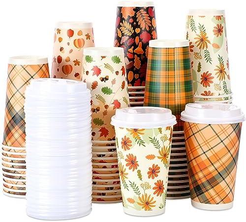 Irenare Thanksgiving Disposable Coffee Cups with Lids 16 oz Fall Maple Leaves Paper Coffee Cups Thanksgiving Party Supplies for Office Home Tea Autumn Harvest Party