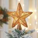 Hoteam Christmas Rattan Star Tree Topper 8 Inch Faux Rattan Star Tree Topper with Warm Lights Rustic Bohemian Style Decoration Christmas Decor for Xmas Ornaments Holiday Party Indoor Home