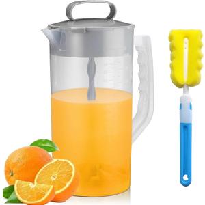 Mixing Pitcher for Drinks with Lid-Wide Mouth Juice Pitcher,Includes Plastic Blades & Adjustable Mixer Plunger,Comes with Cleaning Sponge Brush,Perfect for Juice,Tea,Milk,Lemonade (2.1qt/67.6oz)