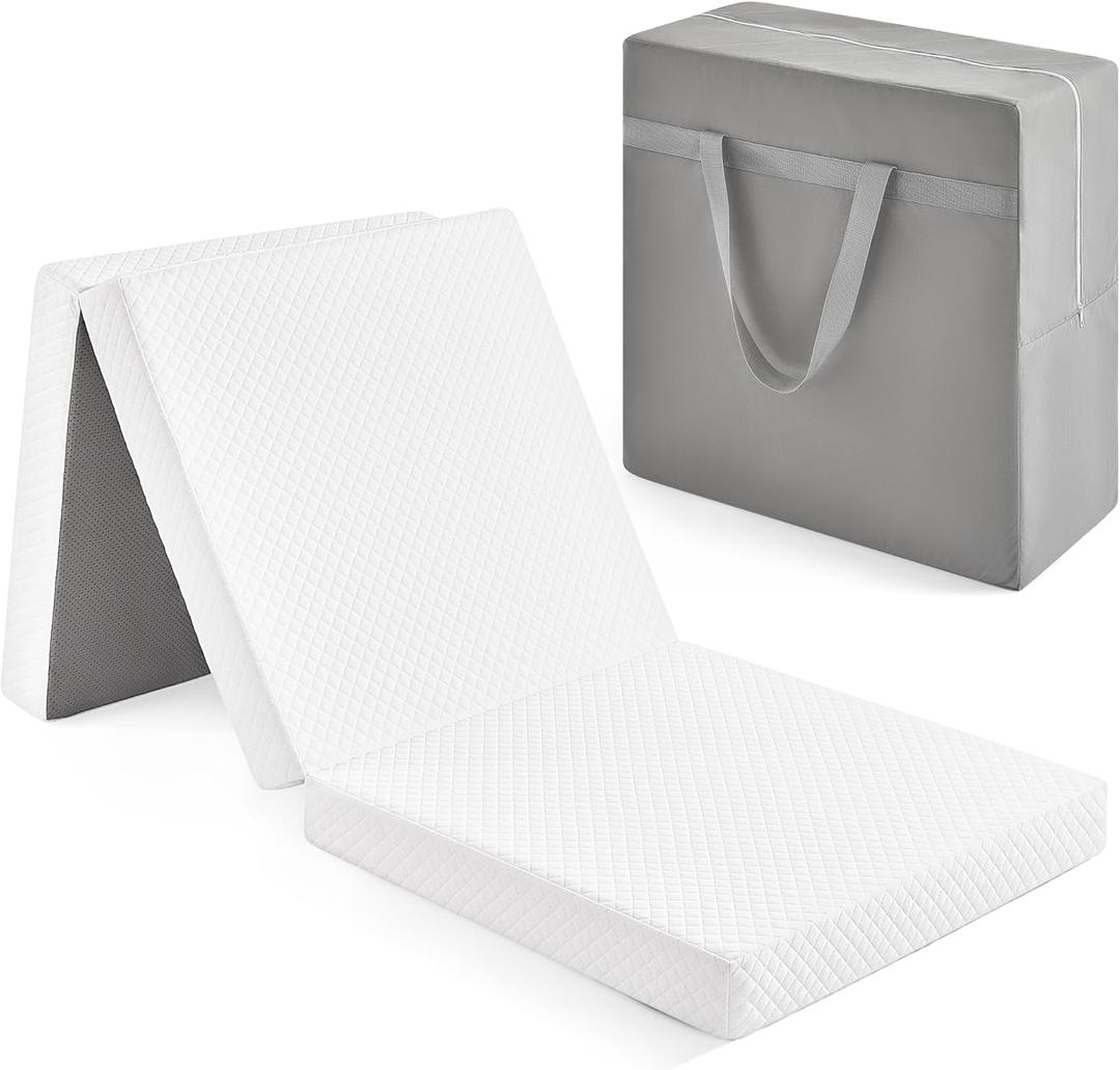 Yeeeasy Trifold Mattress (75”x25”x4”) with Washable Cover, Foldable Mattress for Floor Travel with Carry Bag, Medium Firm, Soft, Portable for Overnight Guests and Camping, Single Size