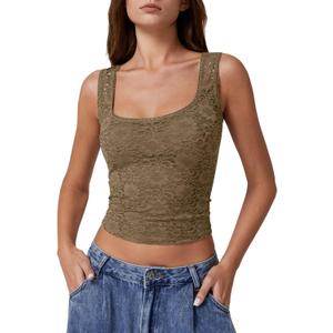 QINSEN Women's Lace Trim Square Neck Sleeveless Double-Layer Tank Top (Brown, XS)