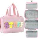 Travel Toiletry Bag for Women Chenille Letter Cosmetic Bag Fashion Stripes Water-resistant Makeup Bag with Hanging Hook for Store Toiletries Cosmetic Accessories Medium Pink