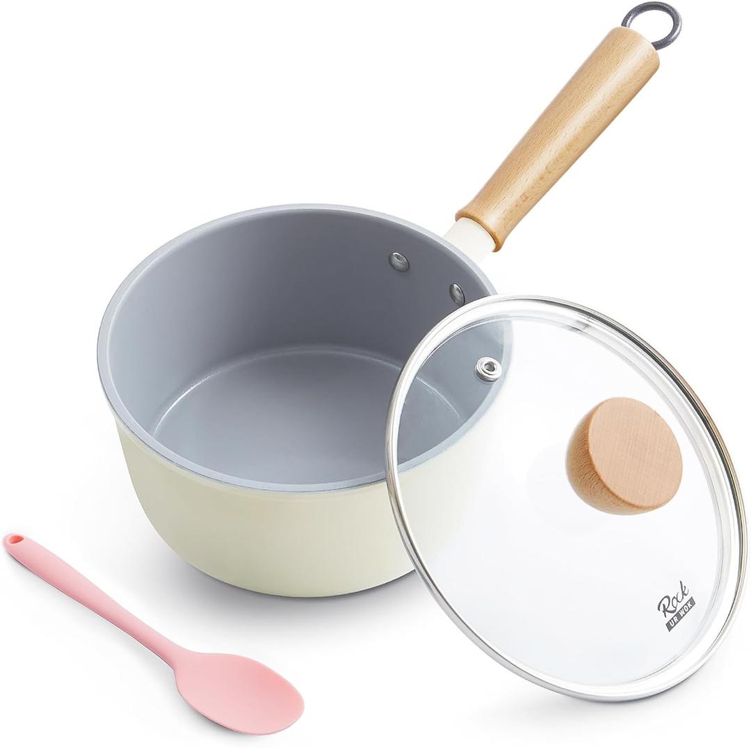 ROCKURWOK Ceramic Nonstick Sauce Pan with Lid, 1.5 Qt Small Pots for Cooking, Small Pot Wooden Handle for Cool Touch, Non Toxic & Pfas-Free Saucepan, Universal Base,(Gas, Electric & Induction), White