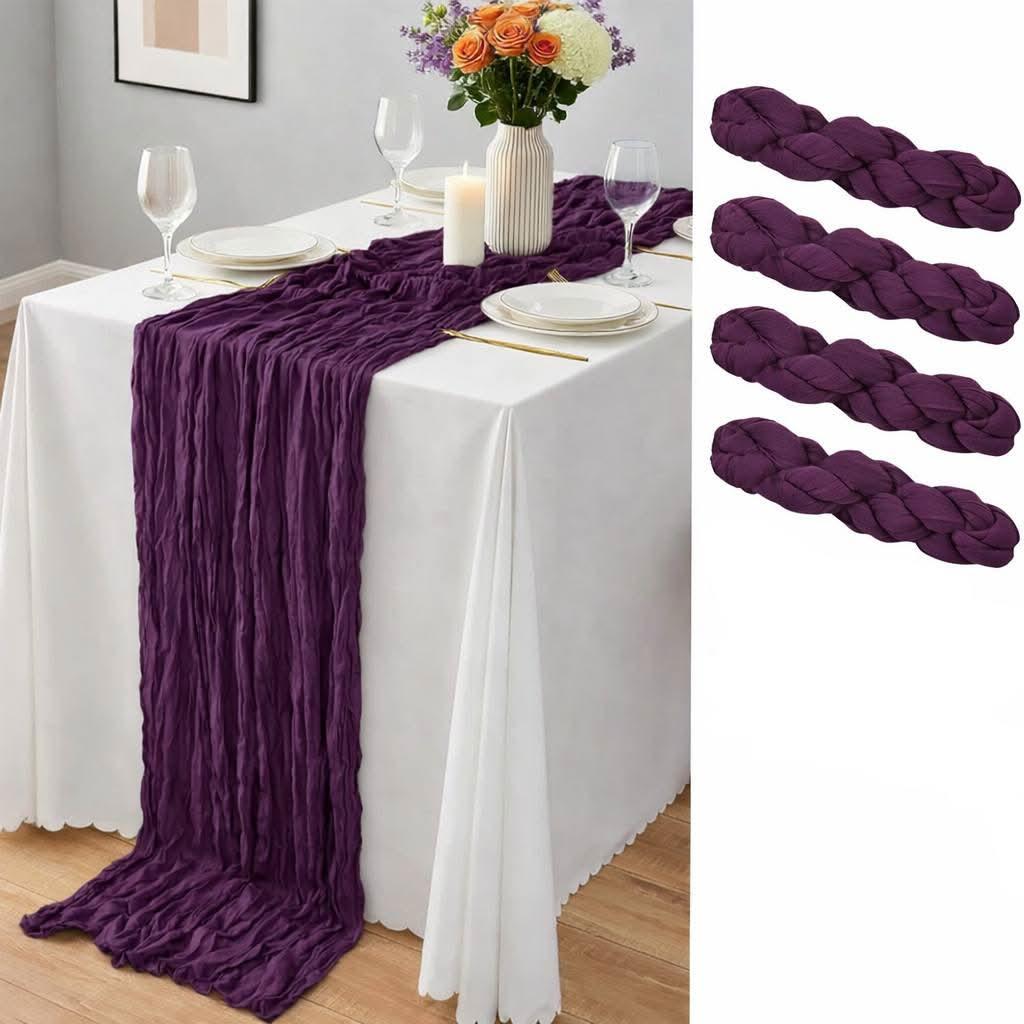 4 Pack Pack Dark Purple Cheesecloth Table Runner 10Ft, Christmas Table Runner 21.5 X 120 inch, Semi Sheer Cheese Cloth Fabric Boho Table Runner Bulk for Christmas Decorations,Bridal Shower,Wedding