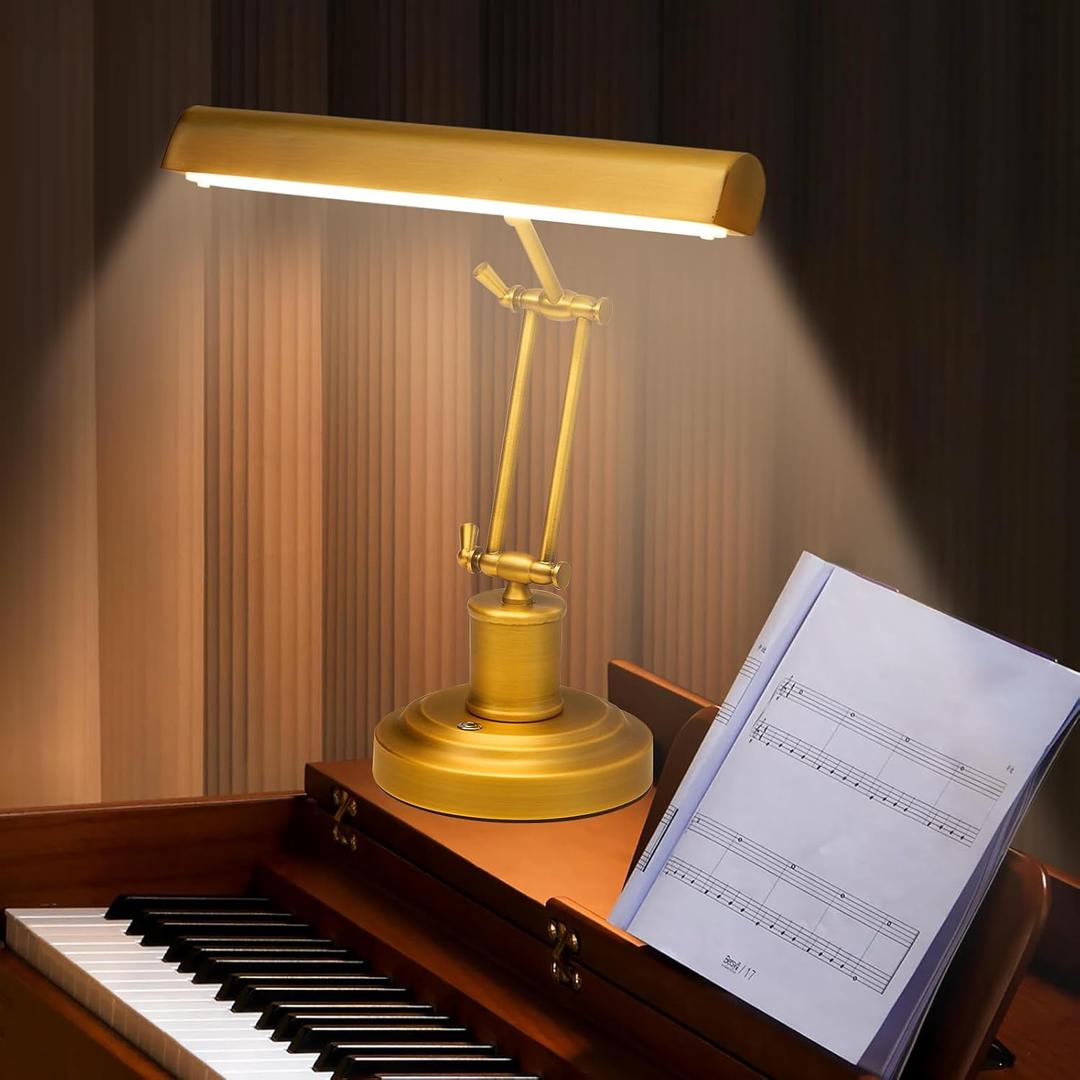 Piano Light for Grand/Upright Pianos, Vintage Piano Lamp, LED Music Stand Light with 3 Color Temperature, Stepless Dimming, Touch Control, Gold Foldable Leaning Desk Lamp for Reading, Office, Bedside