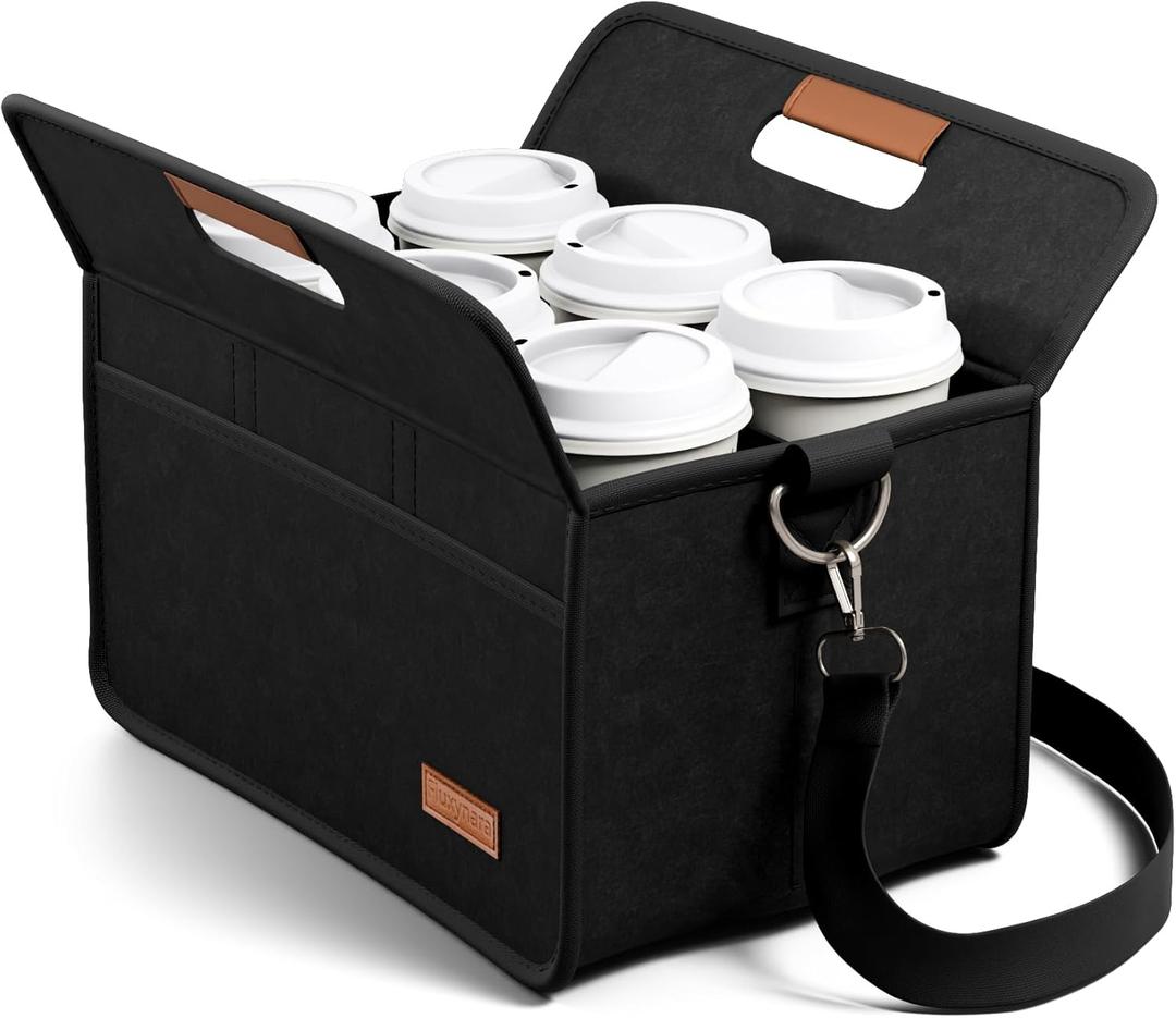 Fluxynara 6-Cup Felt Drink Carrier Bag with Handle & Shoulder Strap | Reusable Drink Carrier with Adjustable Shoulder Strap, Ideal for Car Travel, Delivery and Picnics, Black