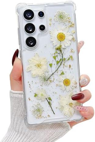 Lewrtser Compatible with Samsung Galaxy S25 Ultra Case Cute Pressed Dried Real Flowers Design Women Girly Shockproof Glitter Floral Clear Phone Cover for Galaxy S25 Ultra (White Flower)