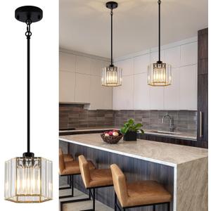 Black Pendant Lights Kitchen Island 2 Pack, Modern Crystal Chandeliers, Mini Hexagonal Pendant Light Fixture, Adjustable Hanging Ceiling Light for Kitchen Island Dinning Room Sink Bedroom