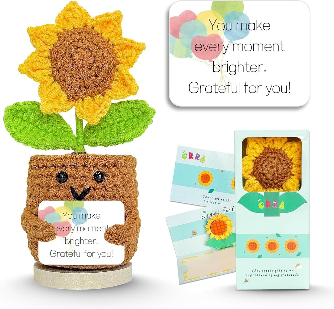 Birthday Gifts for Mom, Handmade Positive Crochet Sunflower for Home Office Desk Decor, Thank You Gifts for Women Teacher Friend Daughter Nurse Coworker,Emotional Support Plant with Positive Card