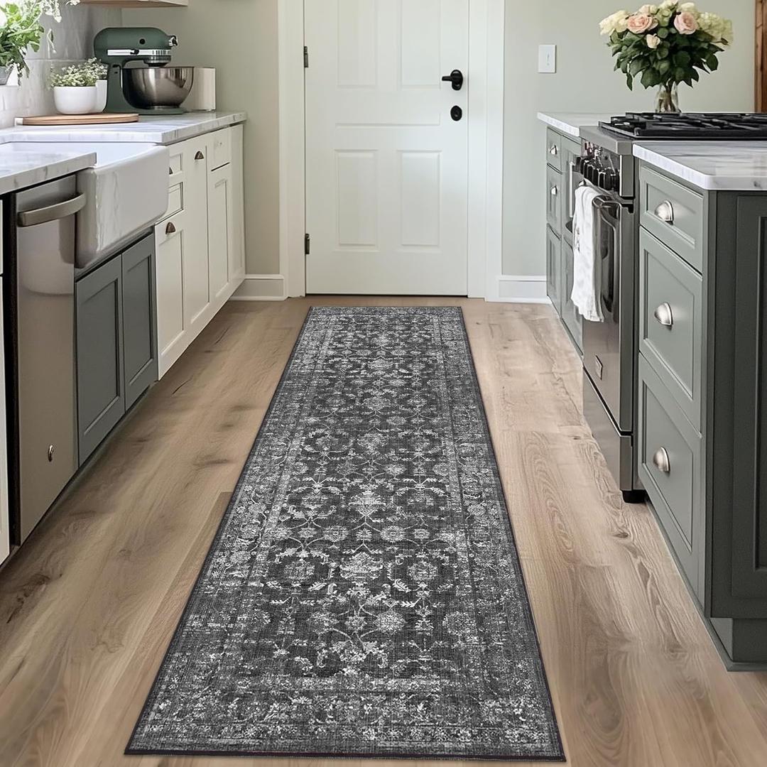 Washable Area Rug 2x6 Black Runner Rugs for Living Room, Vintage Boho Hallway Large Rug for Bedroom Dining Room Office, Distressed Floral Carpet for Under Table, Soft Non Slip Low Pile Throw Carpet