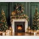 Kate Christmas Backdrops Green Interior Wall Fireplace Xmas Trees Backdrop Party Supplies Props, 7x5ft