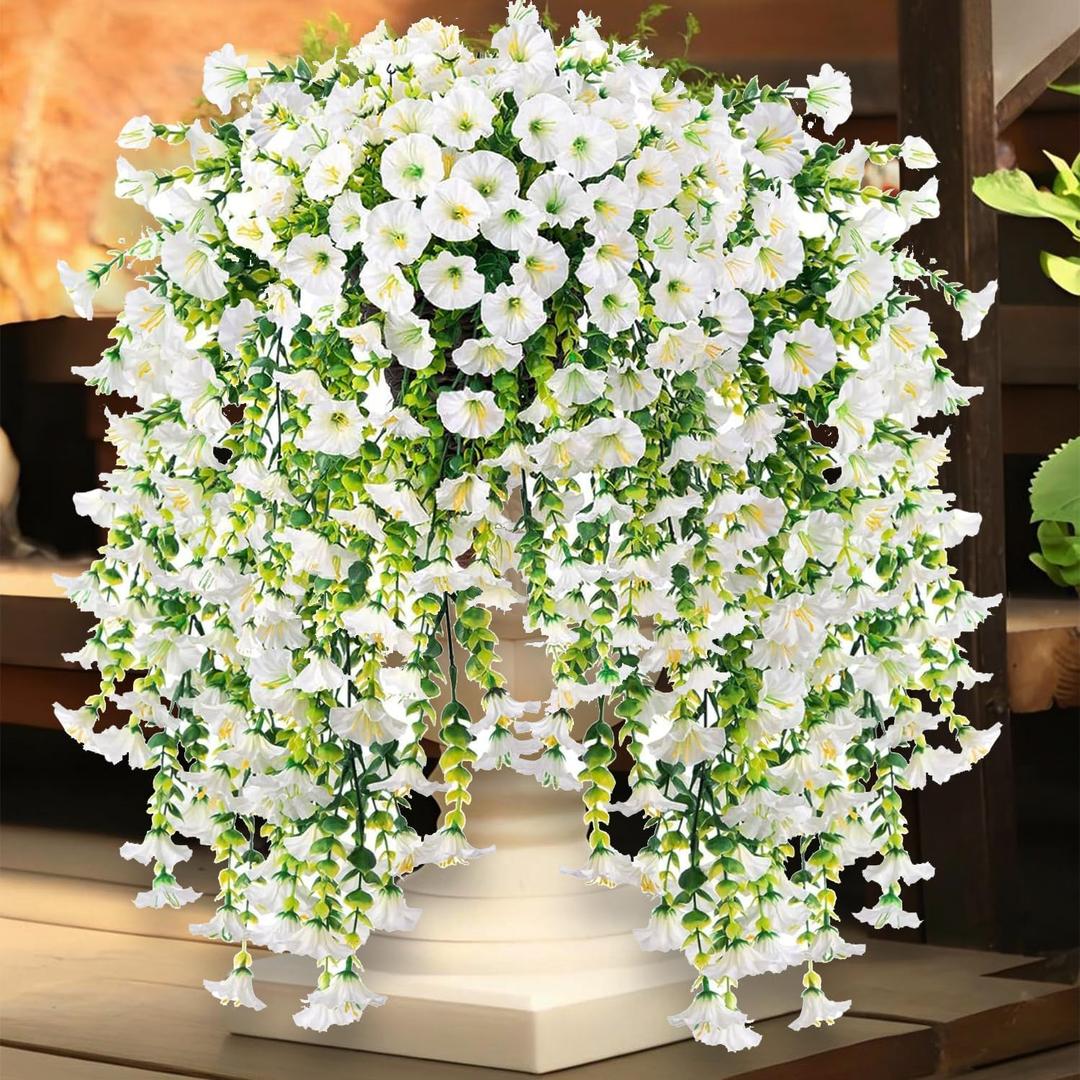 4 Pcs Look Real Artificial Flowers for Outdoors, Artificial Hanging Flowers for Outdoors, UV Resistant Fake Hanging Plants Silk Petunia Flowers for Balcony Yard Spring Decor (White)