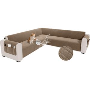 Waterproof L Shaped Couch Cover for Sectional Sofa Velvet Quilted Corner Sofa Cover L Shape Furniture Protector Slipcover Set with Non Slip Straps for Pets Dogs Kids (XX-Large, Light Brown)