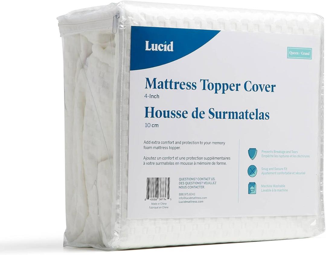 Lucid 4 Inch Mattress Topper Cover Queen  Cover For Mattress Topper - Mattress Topper Cover with Zipper  Twin Mattress Cover - Cover Only,White