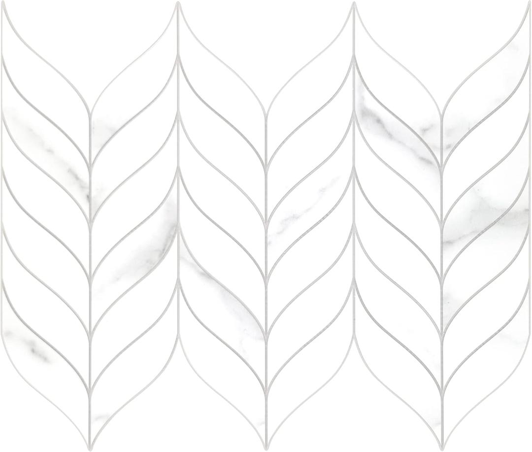 sunwings 10 PCS Peel and Stick Leaf Waterjet Backsplash Self Adhesive Tiles White Marble Wall Panels Stick on Backsplash for Kitchen, Bathroom, Fireplace