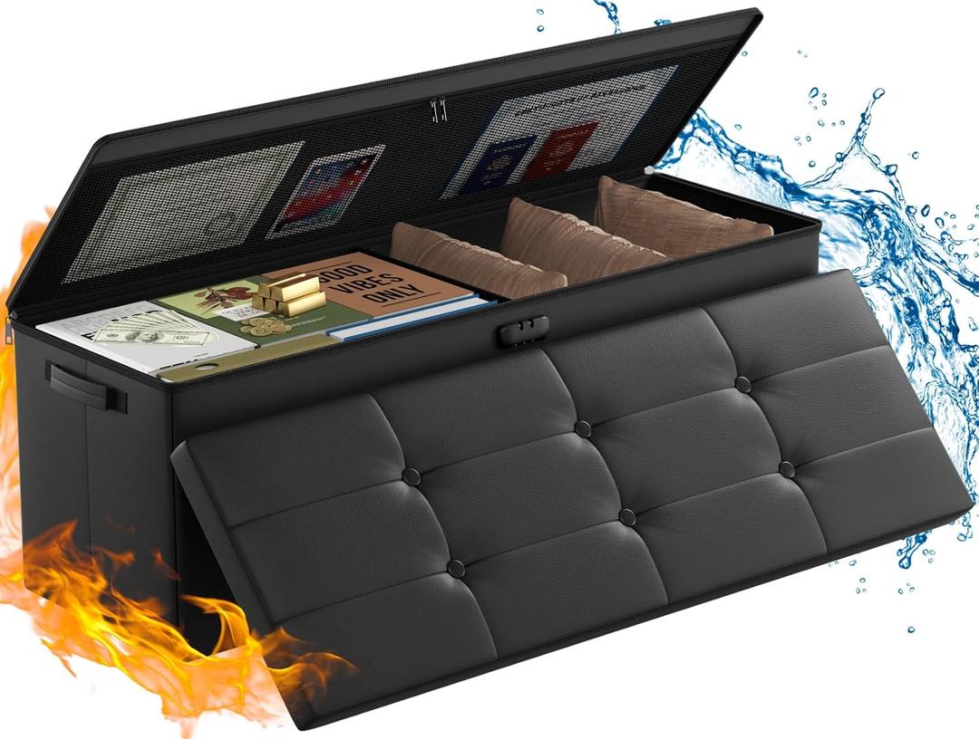 ENGPOW Storage Ottoman, Fireproof Folding Bench with Lock(15x 43x15), Water-Resistant  Heat Insulation Large Storage Chest with Handles2 Extra Boxes Safe for Living Room, Bedroom, Home, Black
