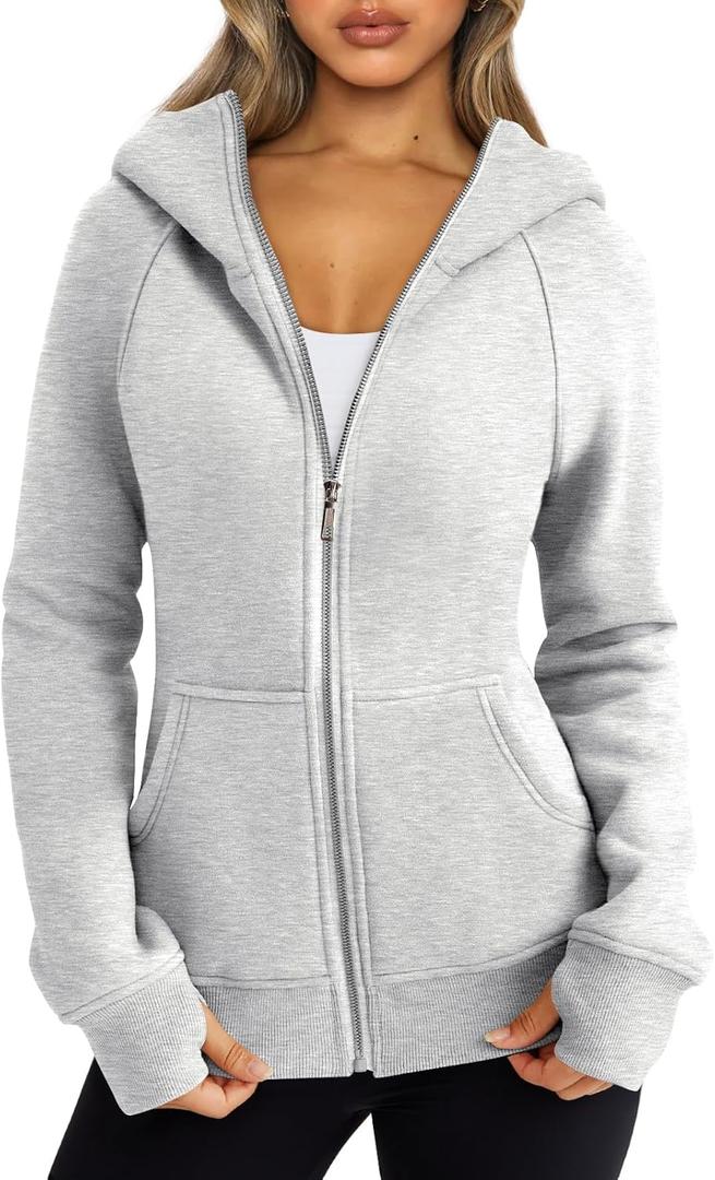 Trendy Queen Women's Full Zip Up Hoodie - Fitted Long Sleeve Sweatshirts for Fall and Winter (X-Large, Grey)