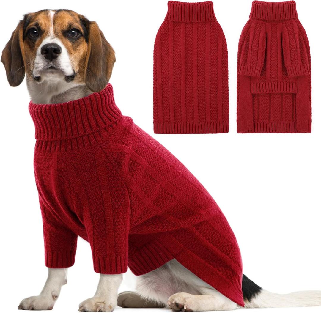 Queenmore Large Dog Sweater - Turtleneck Pullover for Large Dogs, Xmas & Thanksgiving - Knitted Dog Sweater for French Bulldog (Red, L)