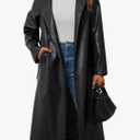 Trendy Queen Womens Long Leather Jackets Trench Coat Blazer Lapel Faux Open Front with Belt L